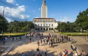 wide angle view of the tower and main mall with students on a beautiful day